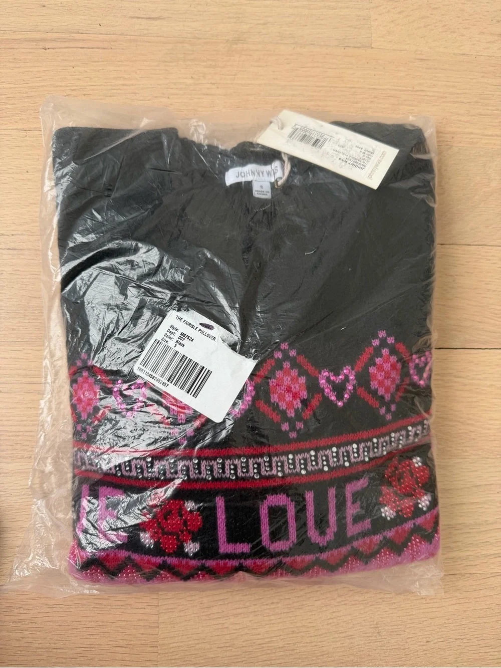Johnny Was Black & Pink 'LOVE' Fairisle Pullover Wool and Cashmere Sweater